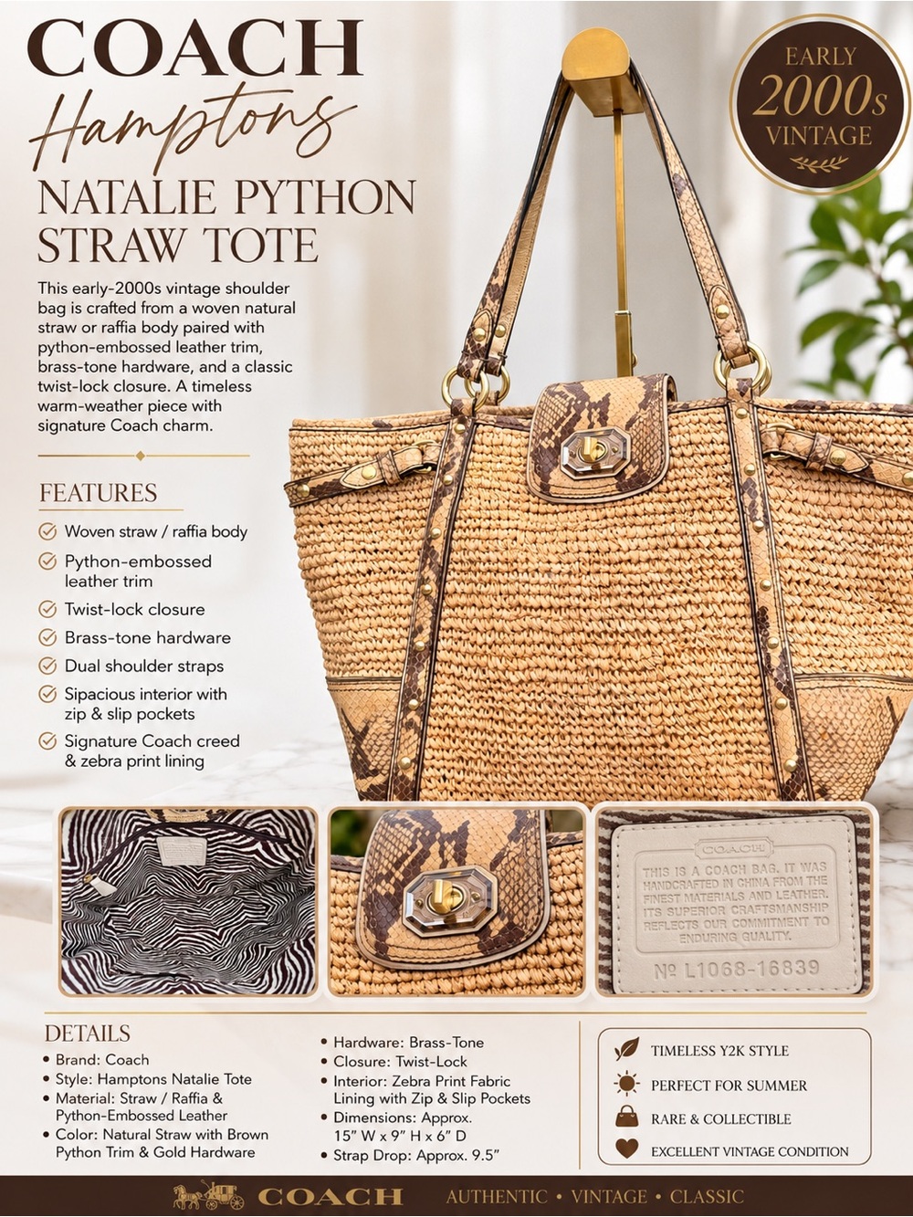 Coach Hamptons Natalie Raffia Straw & Python Embossed Trim Tote. Brass Turn-Lock
